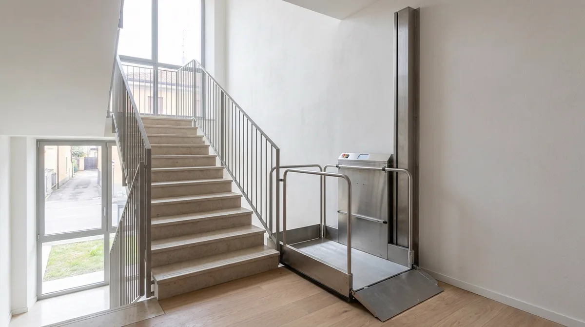Montascale a pedana per carrozzina su scala dritta: piattaforma metallica con bordi di sicurezza e rampe di accesso, guida verticale a parete