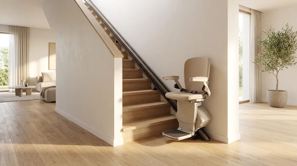 Montascale a poltroncina su scala con curva e pianerottolo: binario curvilineo su misura che segue l’andamento dei gradini